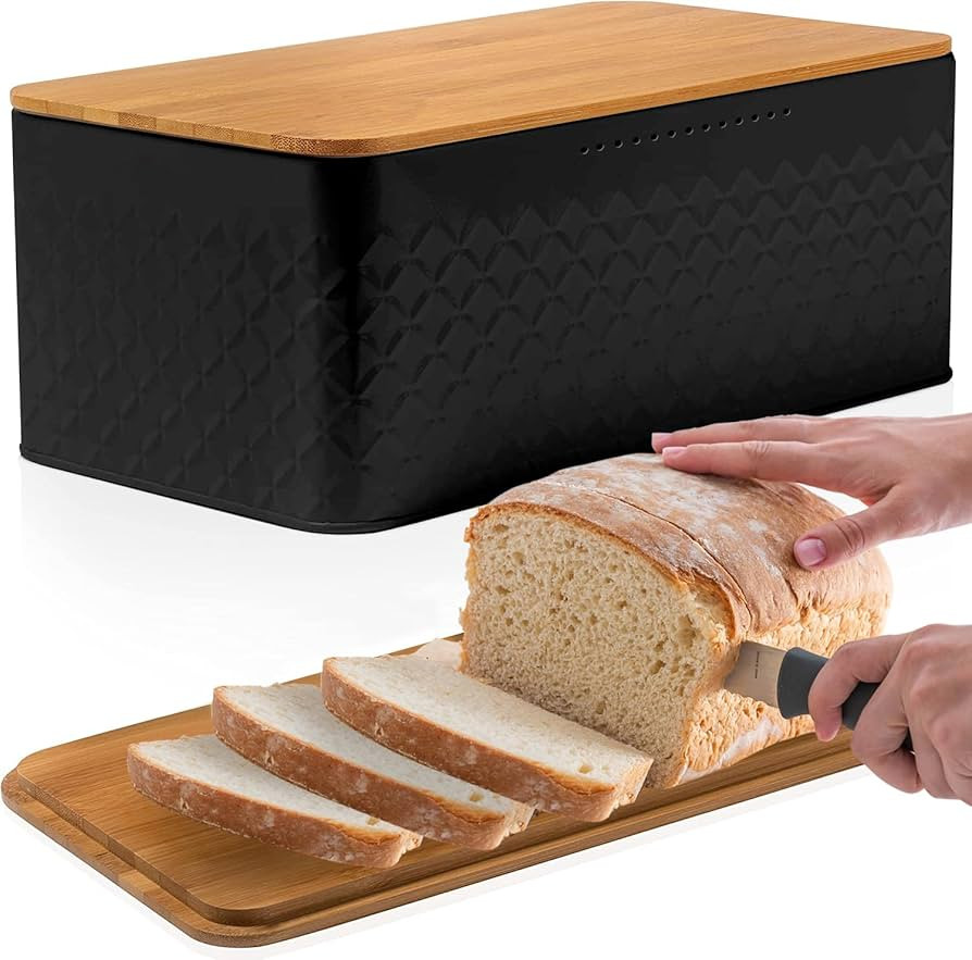 HUAGHLL Bread Box for Kitchen Countertop – Black Bread Container with Bamboo Cutting Board Lid ... | Amazon (US)