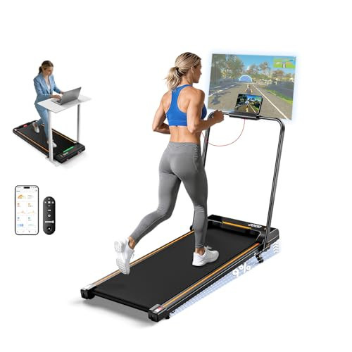 Foldable Walking Pad Treadmill with 9% Incline, Portable Treadmills for Home Small Treadmills for Small Spaces, 3HP Under Desk Treadmill Running Machine with APP & Handle Bar 3 Colors Lights (Orange) | Amazon (US)