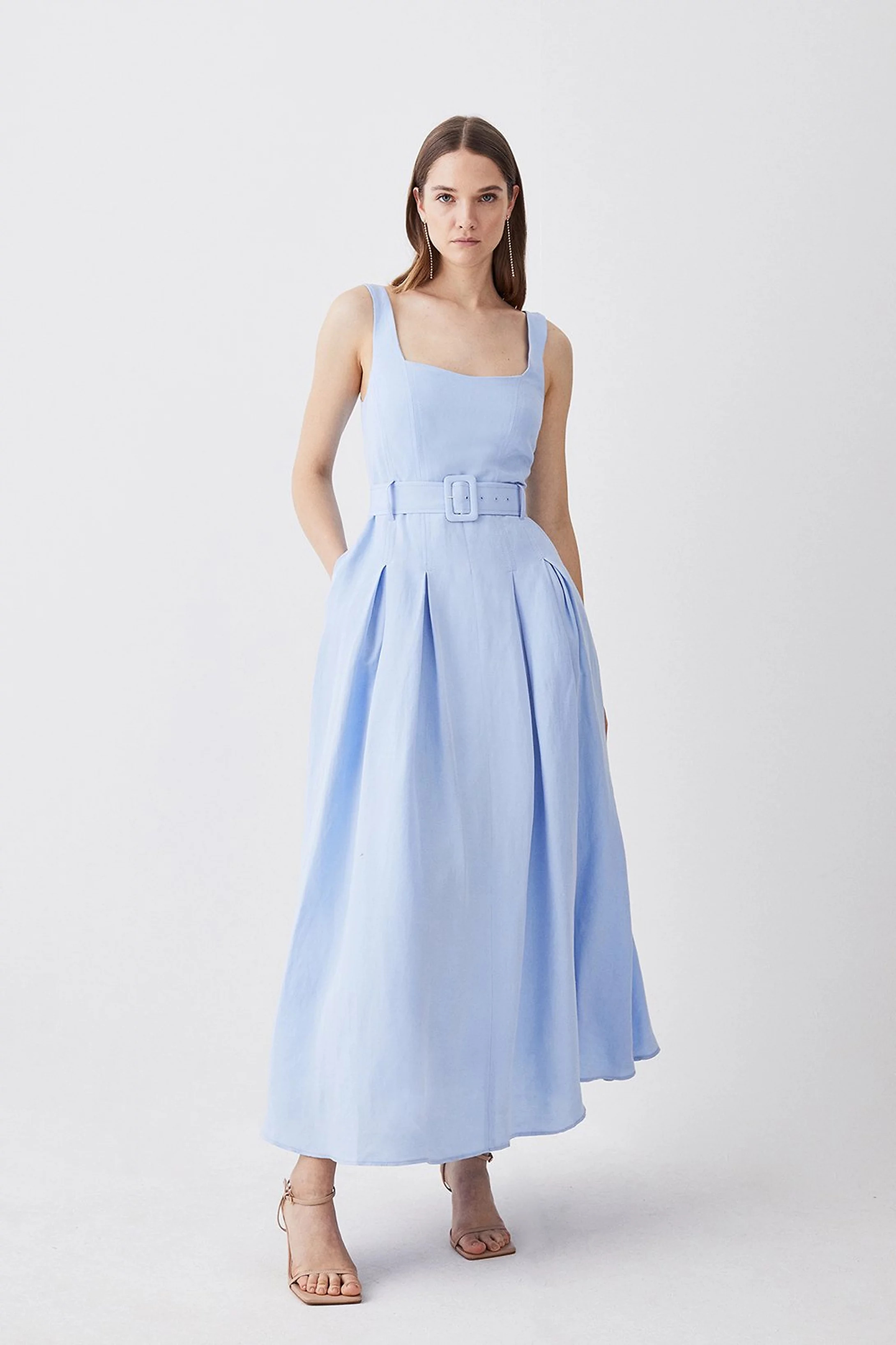 Petite Linen Seamed Detail Full Skirted Midi Dress | Karen Millen UK + IE + DE + NL