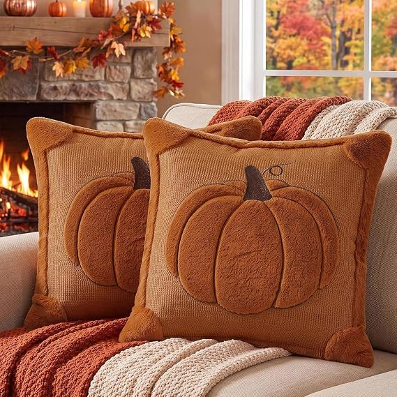 Softalker Fall Throw Pillow Covers 18x18 Set of 2 Rust Orange Pumpkin Plush | Double-Sided Faux F... | Amazon (US)