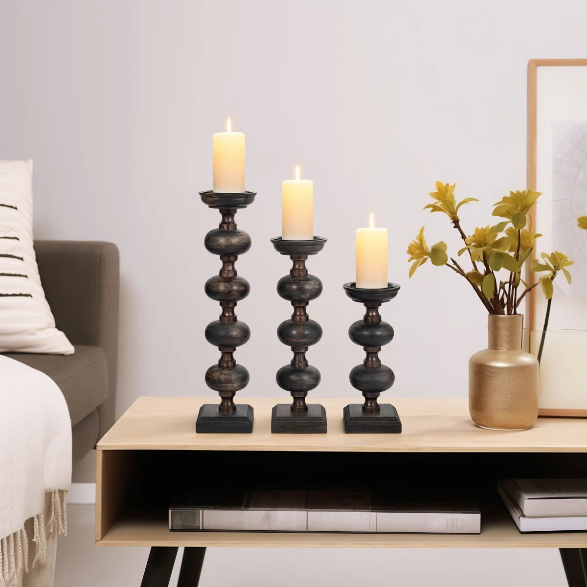 Foxx Modern Candle Holder Set with Sculptural Stacked Wood Base - Decorative Tabletop Candle Hold... | Wayfair North America