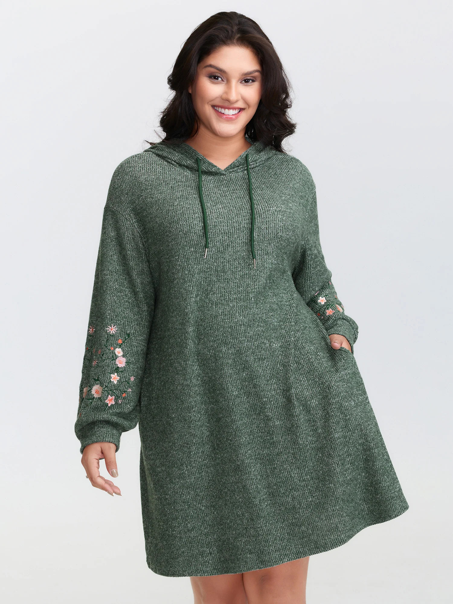 Floral Embroidered Sleeve Hooded Midi Dress | Bloomchic