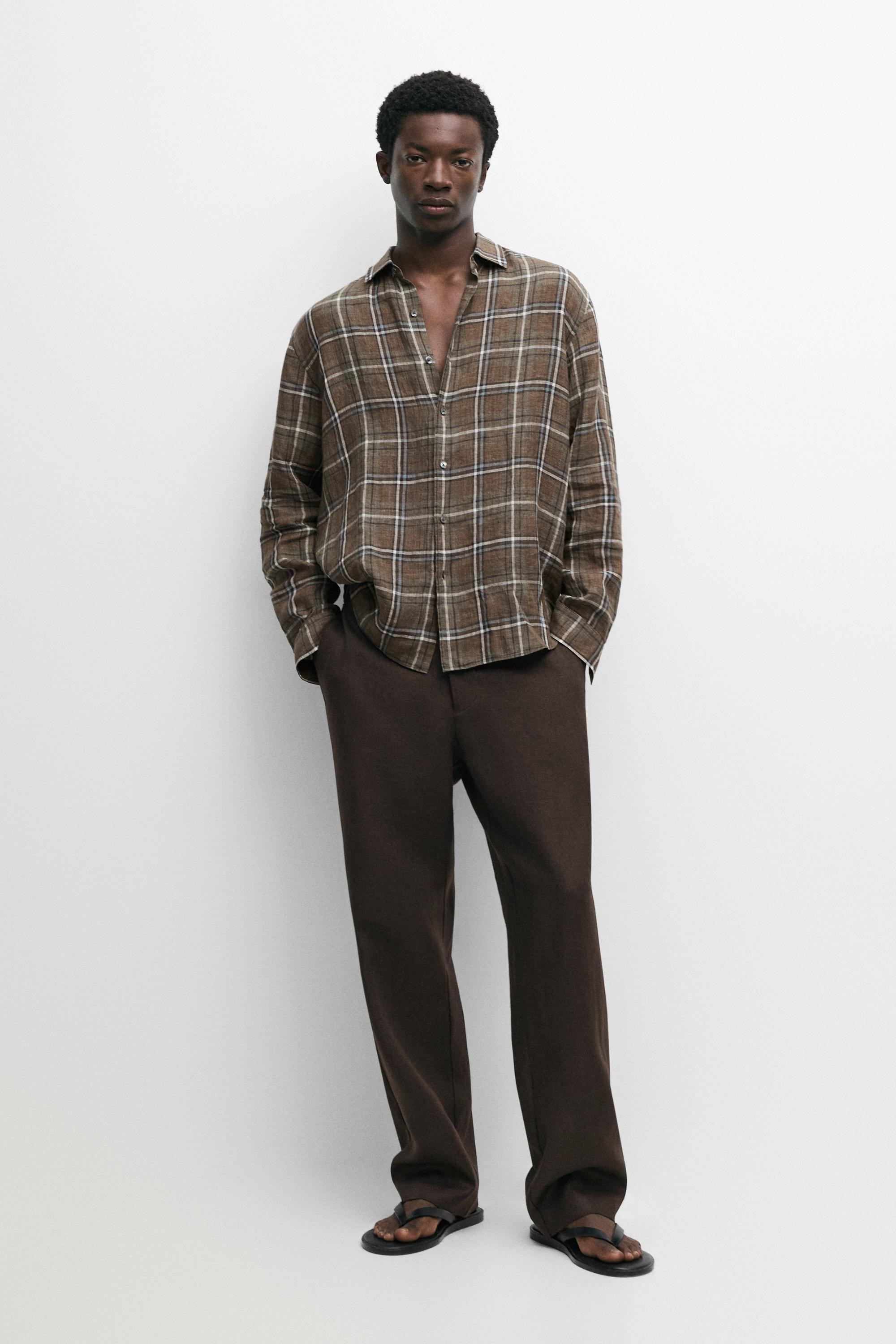 100% linen regular fit check shirt | Massimo Dutti UK