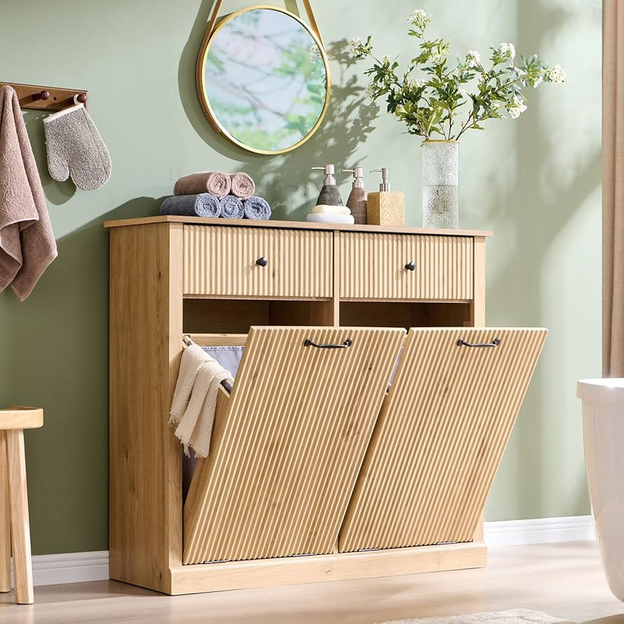 Modern Double Tilt-Out Laundry Hamper Cabinet, 20 Gallon Fluted Trash Can Cabinet with 2 Drawers,... | Amazon (US)