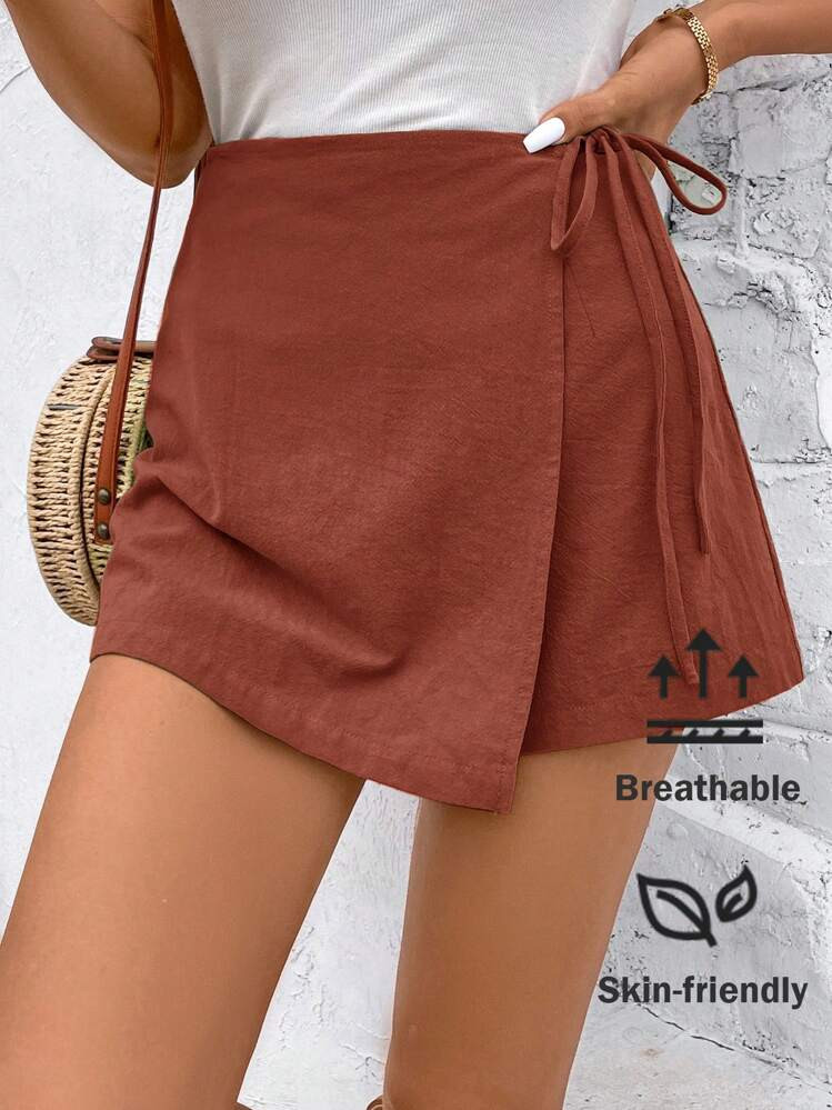 SHEIN Frenchy Solid Knot Side Wrap Bowknot Wrap Mini Skort Christmas Summer Casual | SHEIN