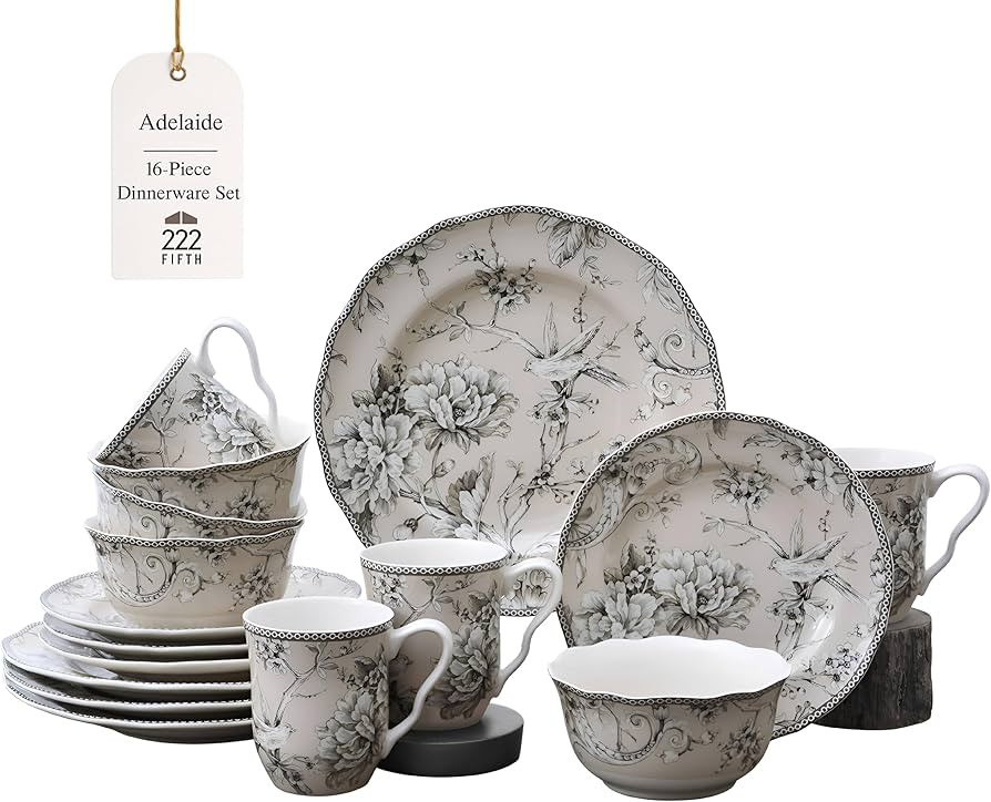222 Fifth Adelaide 16-Piece Traditional Antique White Porcelain Dinnerware Set \u2013 Service for... | Amazon (US)