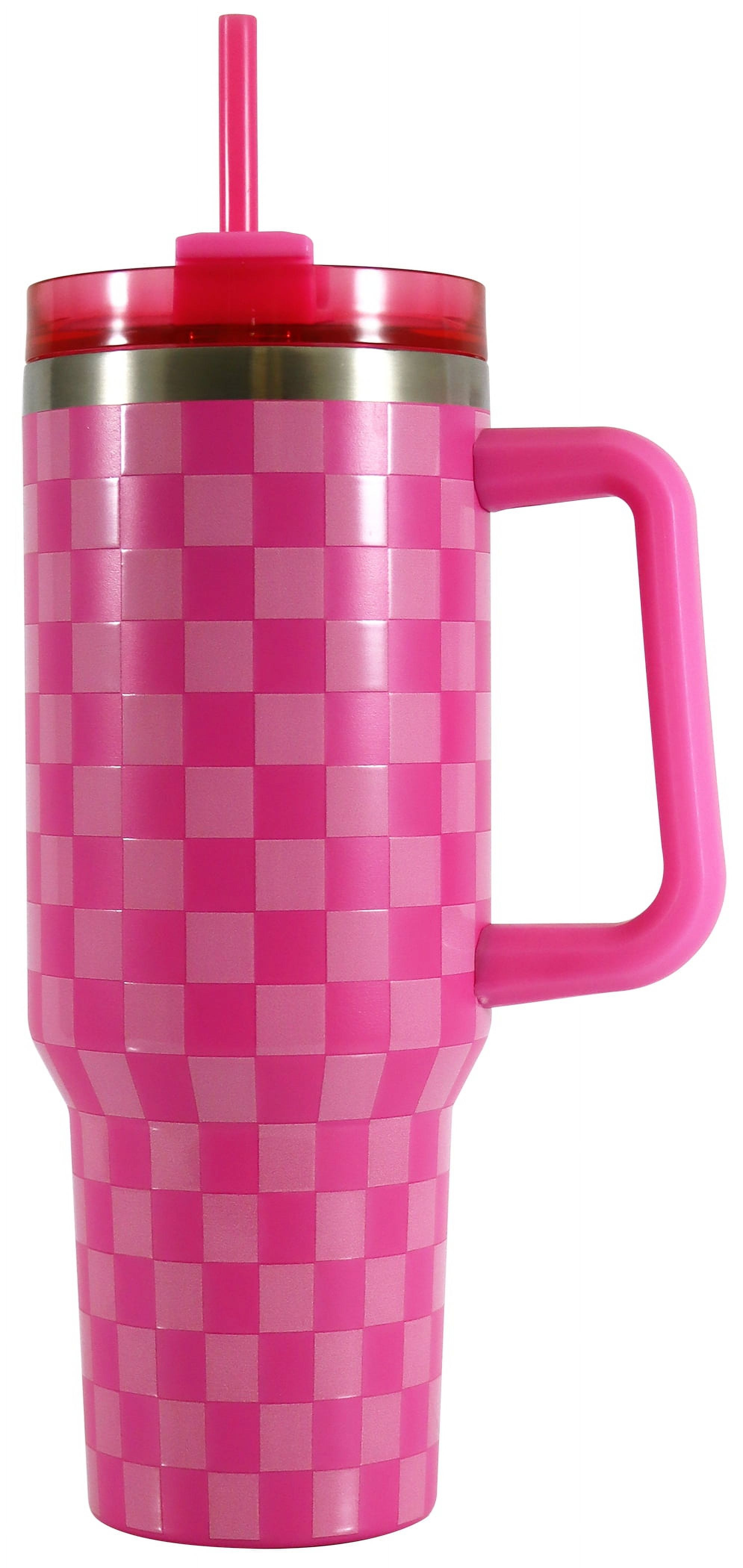 Mainstays 40 oz Stainless Steel Tumbler with Straw and Handle, Double Wall Insulated, Pink Check | Walmart (US)