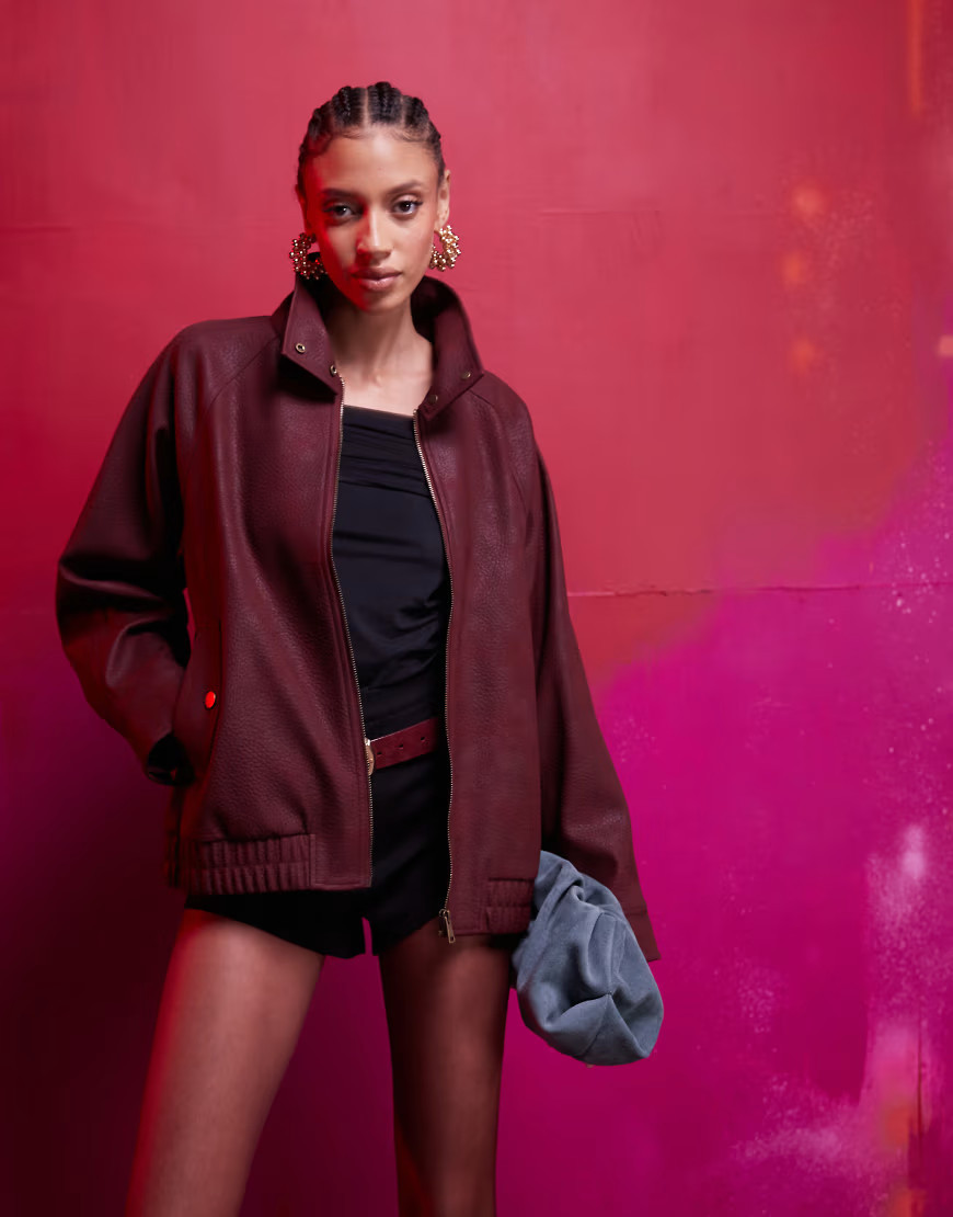 ASOS DESIGN leather look bomber jacket in burgundy-Red | ASOS (Global)