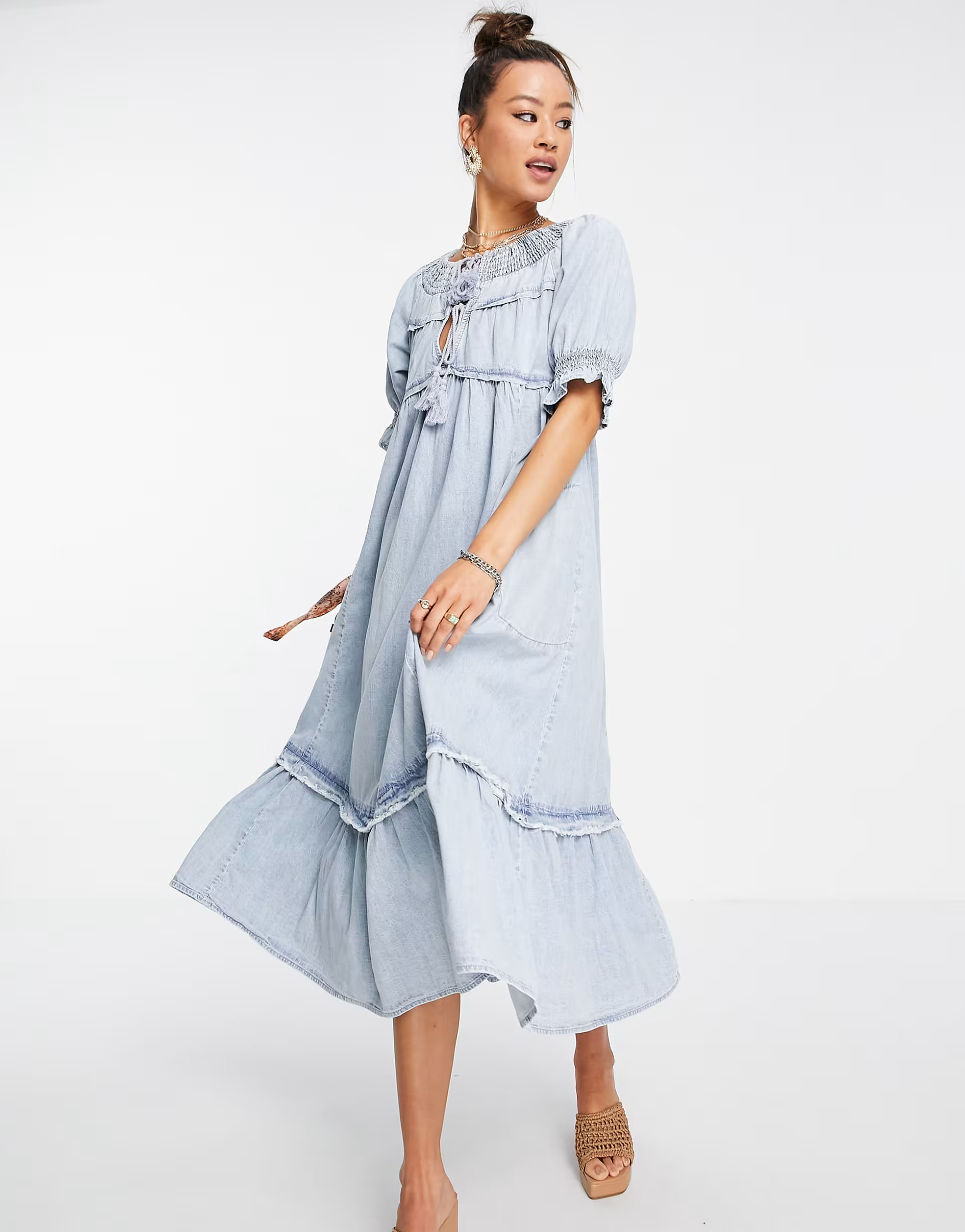 Free People one and only maxi smock dress with tassel tie in vintage wash denim | ASOS (Global)