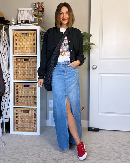 Spring outfit, pops of red!
My graphic tee is old but I linked similar.
My maxi denim skirt is so comfortable and fits tts, I’m 5’ 7 wearing size S.
Sized up to M in the bomber jacket for more sleeve length. 
Red sneakers fit tts. 

#LTKitbag #LTKshoecrush #LTKstyletip