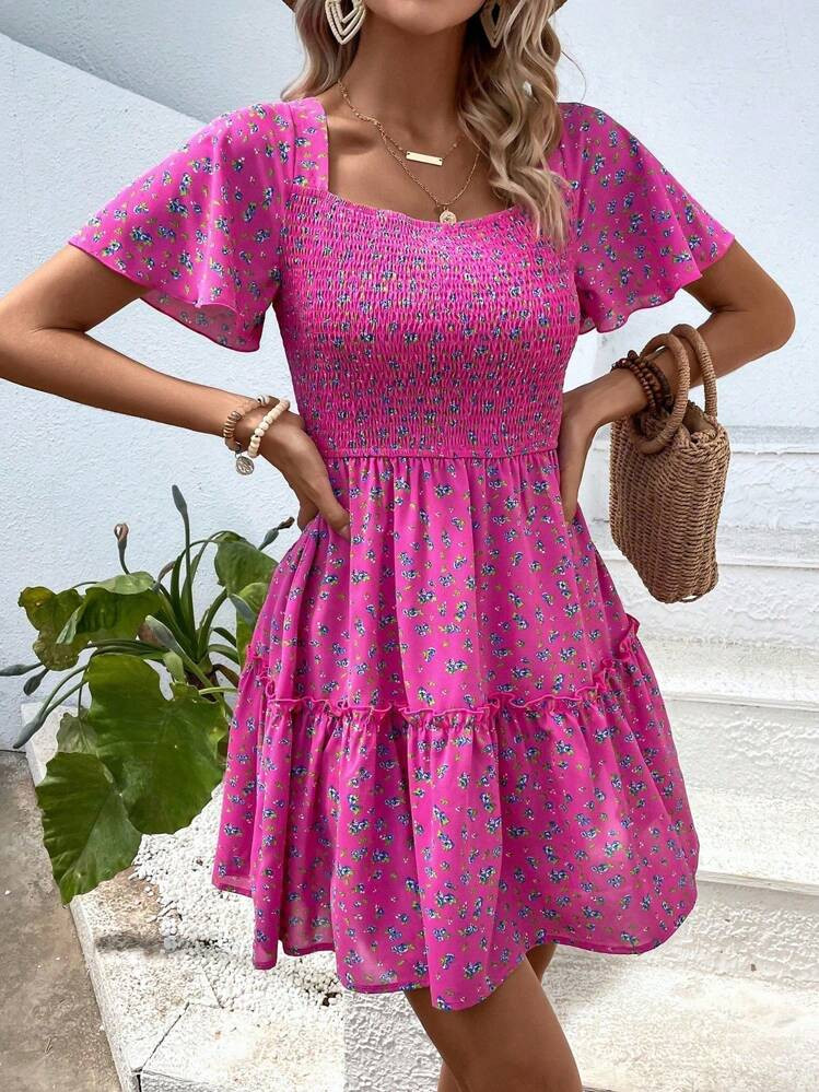 Breezaya Ditsy Floral Print Scoop Neck Ruffle Hem Dress Vacation Beach Outfits Women | SHEIN
