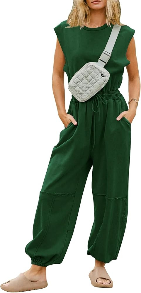 Flygo Womens Casual Jumpsuit Crewneck Cap Sleeve Long Wide Leg Pants One Piece Outfits Drawstring... | Amazon (US)