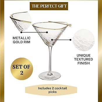 Sister.ly Drinkware Handmade Hammered Martini Glasses with Gold Rim - Set of 2, Gold Rimmed Marti... | Amazon (US)
