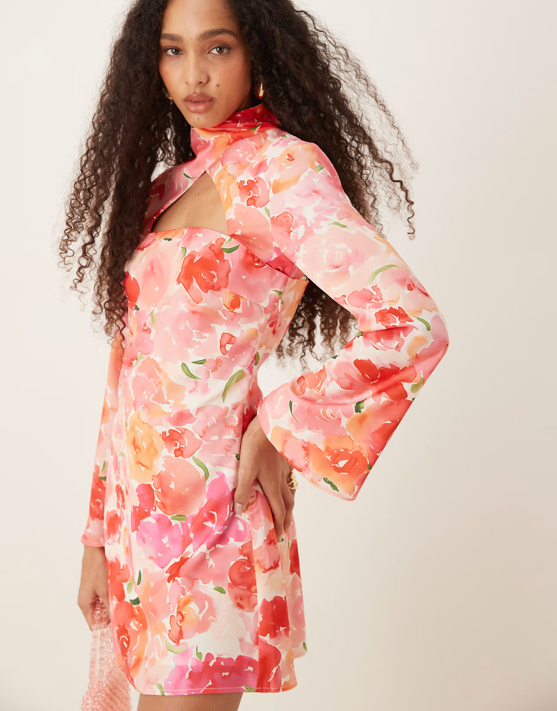 YAS high neck cut out satin mini dress in floral print | ASOS | ASOS (Global)