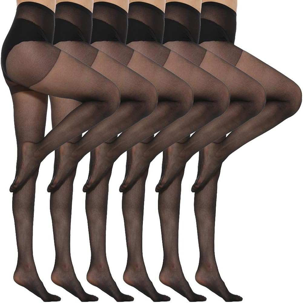 MANZI 6 Pairs Women's 20D Sheer Silky Pantyhose Run Resistant Nylon Tights High Waist Stockings w... | Amazon (US)