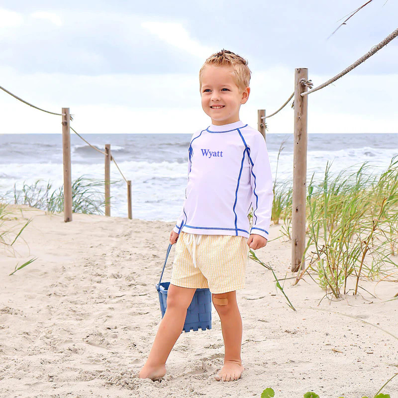 Santorini Yellow & Blue Stripe Seersucker Swim Trunks | Classic Whimsy