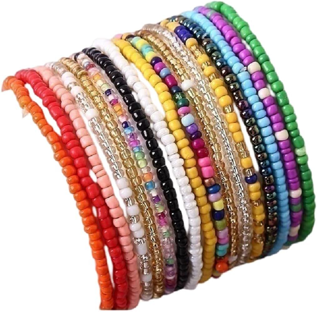 17Pcs Elastic Beaded Handmade Bracelets Bohemian Stackable Beaded Stretch Bracelets Colorful Boho... | Amazon (US)
