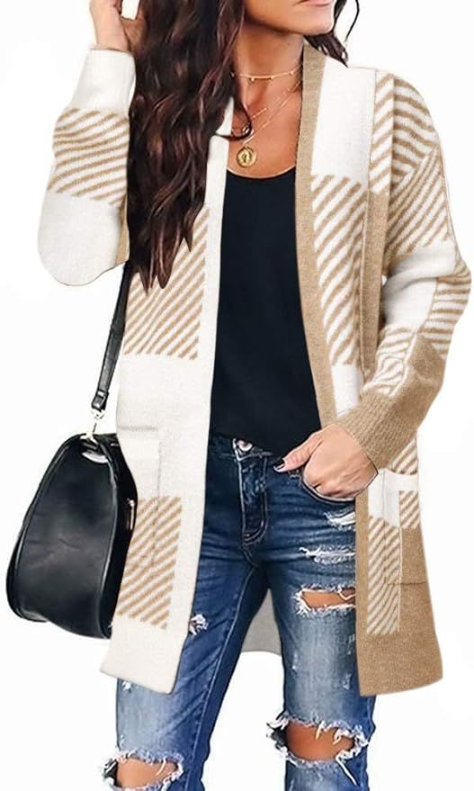 MEROKEETY Womens Plaid Long Sleeve Open Front Cardigan Pockets Knit Sweater Coat | Amazon (US)