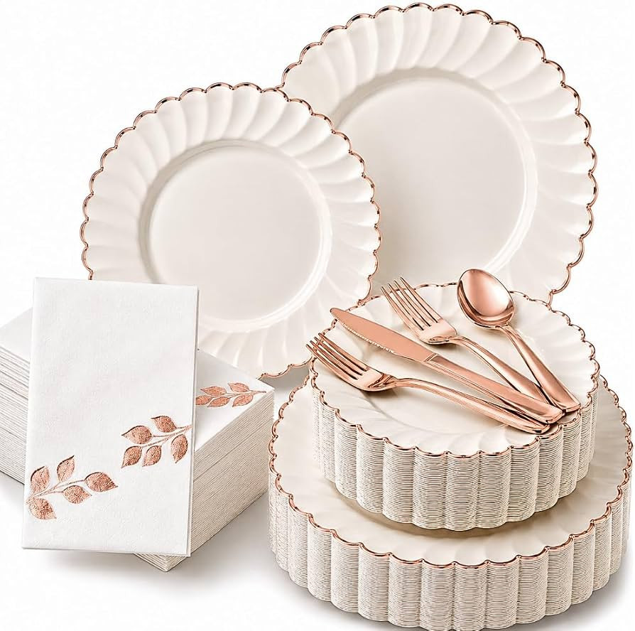 By Madee HEAVYWEIGHT Ivory Rose Gold Scalloped Disposable Dinnerware Set | Amazon (US)
