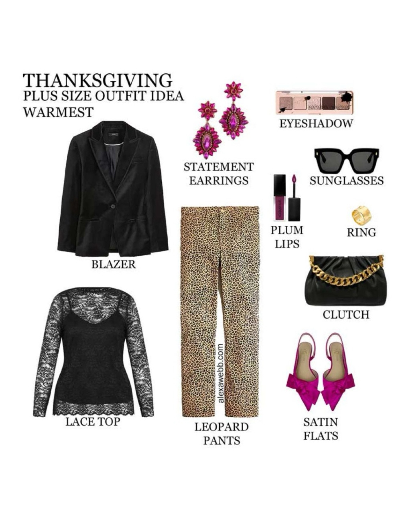2024 Plus Size Thanksgiving Outfits - Warmest - A plus size holiday outfit idea for cold climates. A plus size black velvet blazer layered over a black lace top and leopard print pants with fuchsia bow flats and a black clutch. Alexa Webb #plussize

#LTKPlusSize #LTKSeasonal #LTKStyleTip