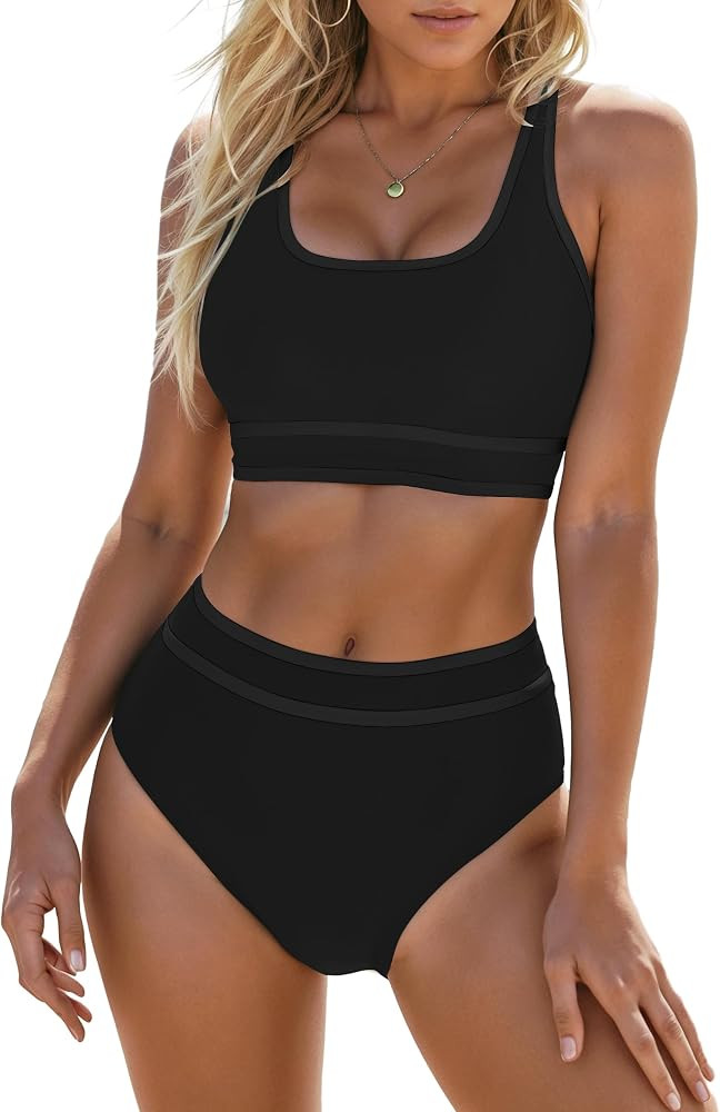 Blooming Jelly Womens High Waist Bikini Sets Sporty Color Block Two Piece Swimsuits Scoop Neck Ch... | Amazon (US)