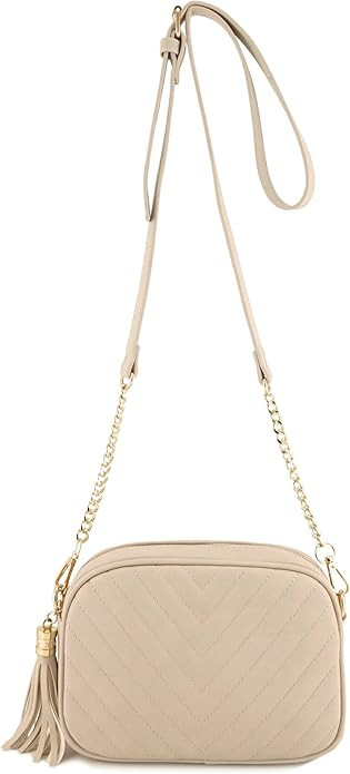 Simple Shoulder Crossbody Bag With Metal Chain Strap And Tassel Top Zipper (Beige) | Amazon (US)