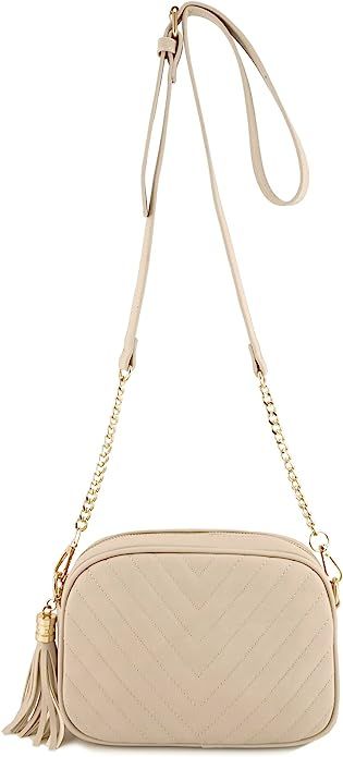 Simple Shoulder Crossbody Bag With Metal Chain Strap And Tassel Top Zipper (Beige) | Amazon (US)