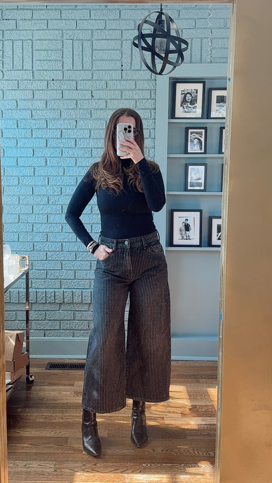 Zara pinstriped cropped jeans. Run a little big. Wearing a four.  Puimey Amazon turtleneck body. Very similar to skims. Runs tts  

#LTKootd #LTKOver40 #LTKmomlife