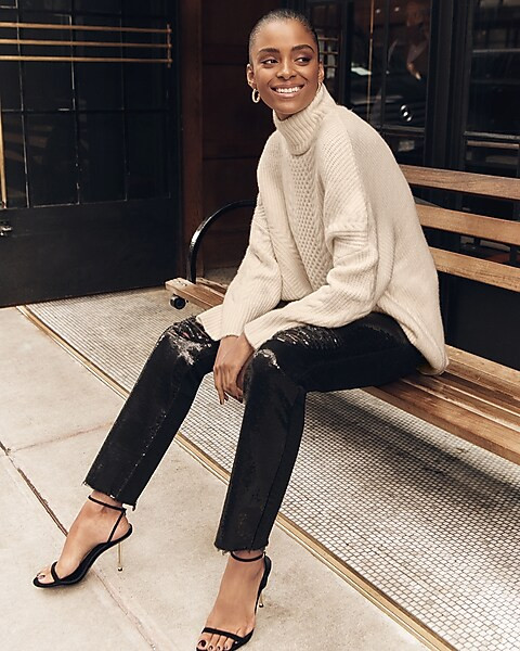 Cable Knit Turtleneck Tunic Sweater | Express