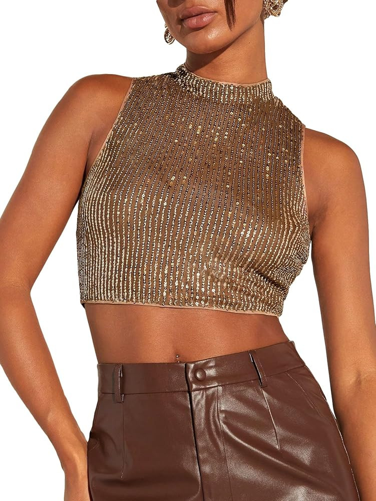 Floerns Women's Mock Neck Sleeveless Sequin Party Sparkly Crop Tank Tops Clubwear | Amazon (US)