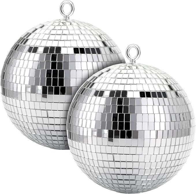 Suwimut 2 Pack Disco Light Mirror Ball, 8 Inches Cool and Fun Large Silver Hanging Disco Ball wit... | Amazon (US)