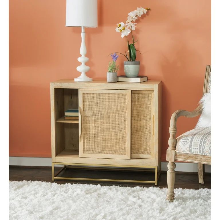 Blair Rattan Sliding Doors Cabinet with Shelves, Natural and Gold - Walmart.com | Walmart (US)