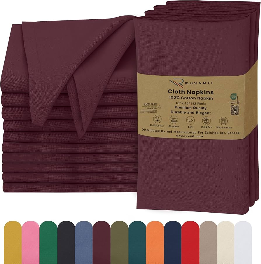 Ruvanti Cloth Napkins Set of 12, 18x18 Inches, 100% Cotton, Washable, Soft & Absorbent, Perfect f... | Amazon (US)