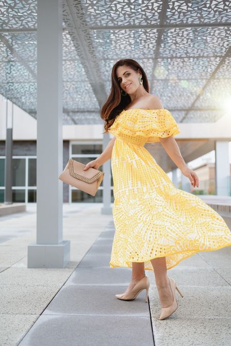 A lemon squeeze! This cheerful spring number is an ideal wedding guest dress. Beautiful detailing, lined skirt, can be worn on the shoulder or off. 

#LTKwedding #LTKfindsunder100 #LTKSeasonal