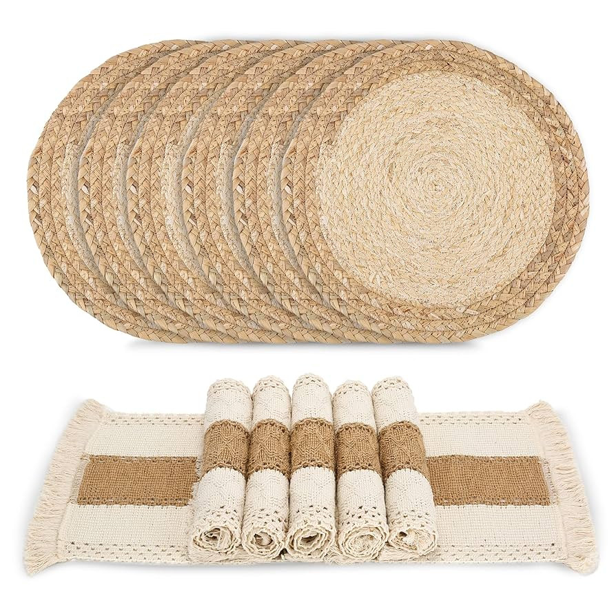 Handmade Boho Placemats Set of 6 - Natural Cotton Burlap and Water Straw Woven Combination Table ... | Amazon (US)