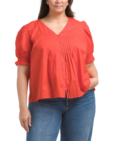 Plus Pleated Button Front Top | TJ Maxx