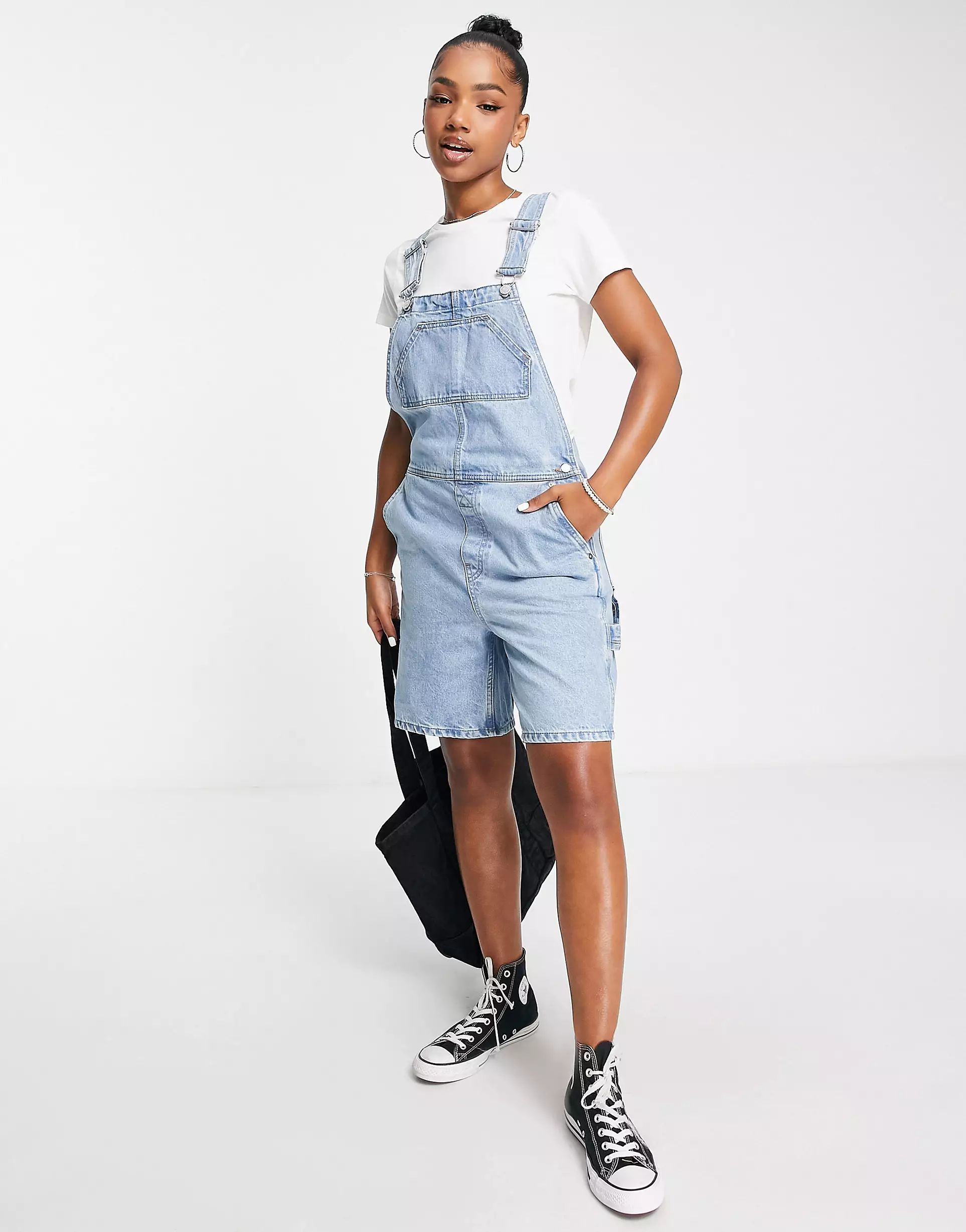 Weekday dusty longline short overalls in light blue | ASOS (Global)