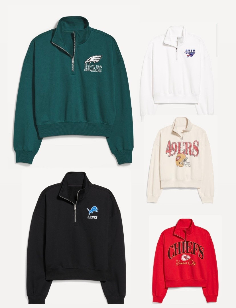 NFL football half zip cropped pullover 
Philadelphia Eagles, Kansas City Chiefs, Buffalo Bills, San Francisco 49ers, Detroit Lions   
Fitz true to size 