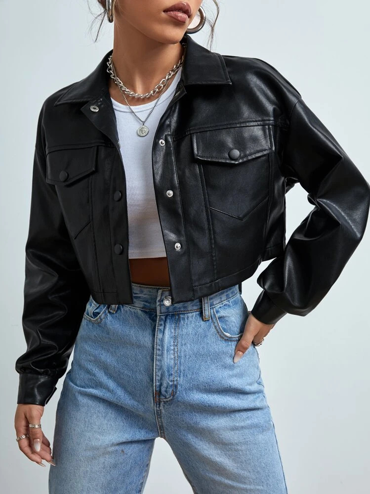 SHEIN EZwear Spring Black Drop Shoulder Flap Pocket Crop PU Jacket Women Coats | SHEIN
