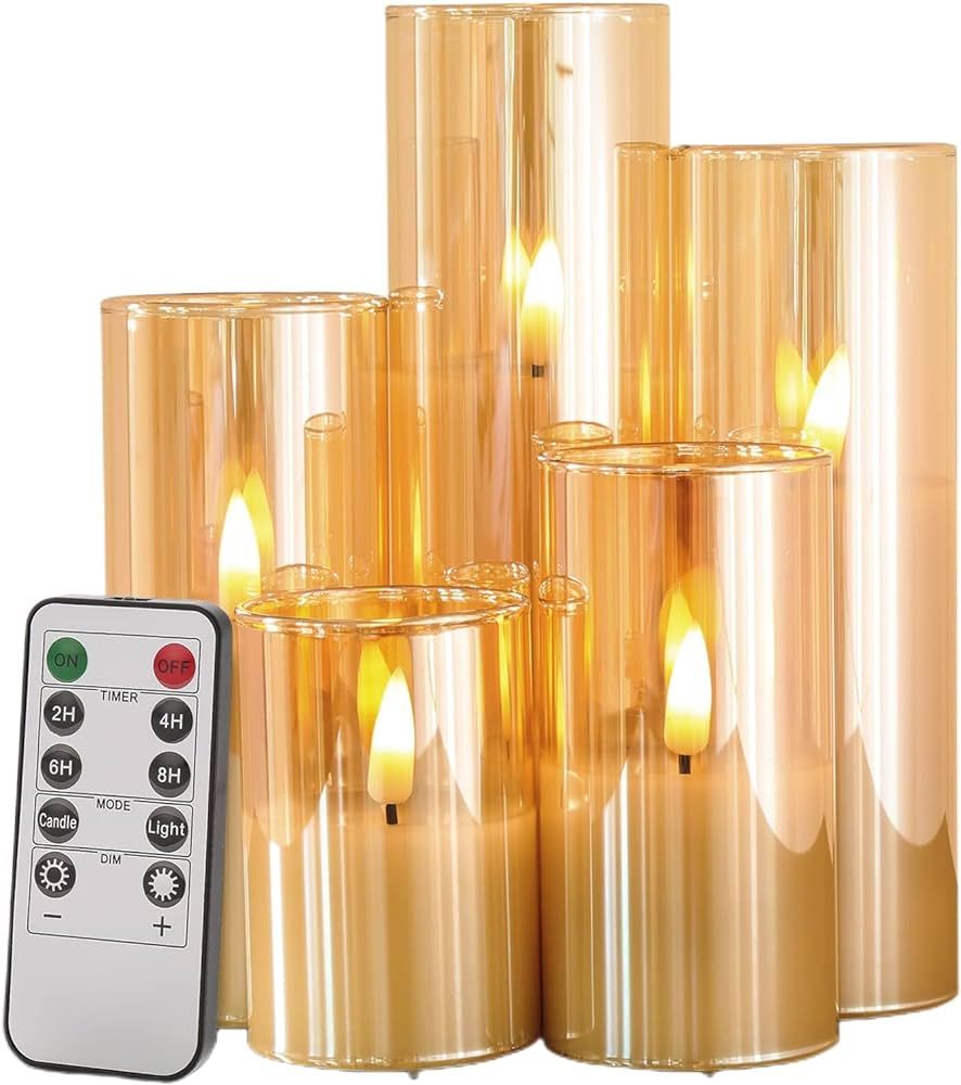 Eywamage Gold Glass Flameless Candles with Remote, Flickering Slim Tall LED Wax Candles, Battery ... | Amazon (US)