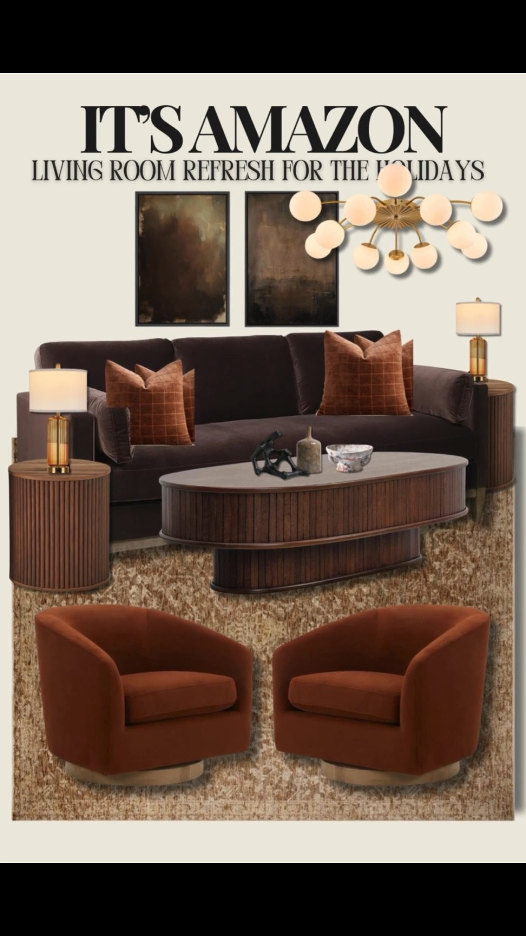 Okay, this whole room came together so good I had to share. I found the prettiest mix of rich browns, cozy textures, and warm metals, and now I want to redo my own living room. The chocolate sofa is that perfect deep color that hides kid chaos, and these rust swivel chairs are the win if you want comfort plus style. The coffee table adds that warm wood moment, and the rug pulls all the colors together without being loud. The artwork, the pillows, the lighting… everything feels intentional and calm.

If you’re trying to make your living room feel grown-up without losing the cozy vibes, this setup is it. So easy to mix with what you already have and looks way more expensive than it is.

#LTKHome #LTKHoliday #LTKCyberWeek
