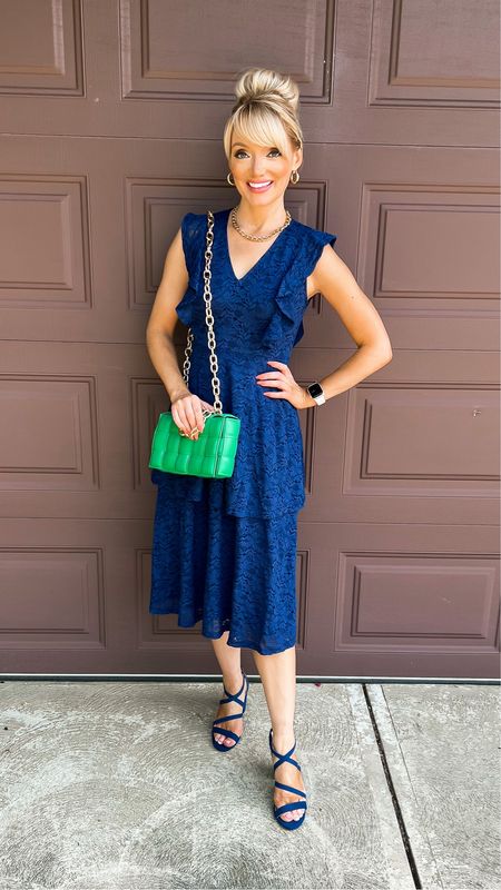 Tiered navy blue lace dress - green quilted bag - strappy navy shoes - wedding guest dress - church dress - church outfit - Amazon Fashion - Amazon Finds - Bottega Venetta 

#LTKSeasonal #LTKunder50 #LTKitbag