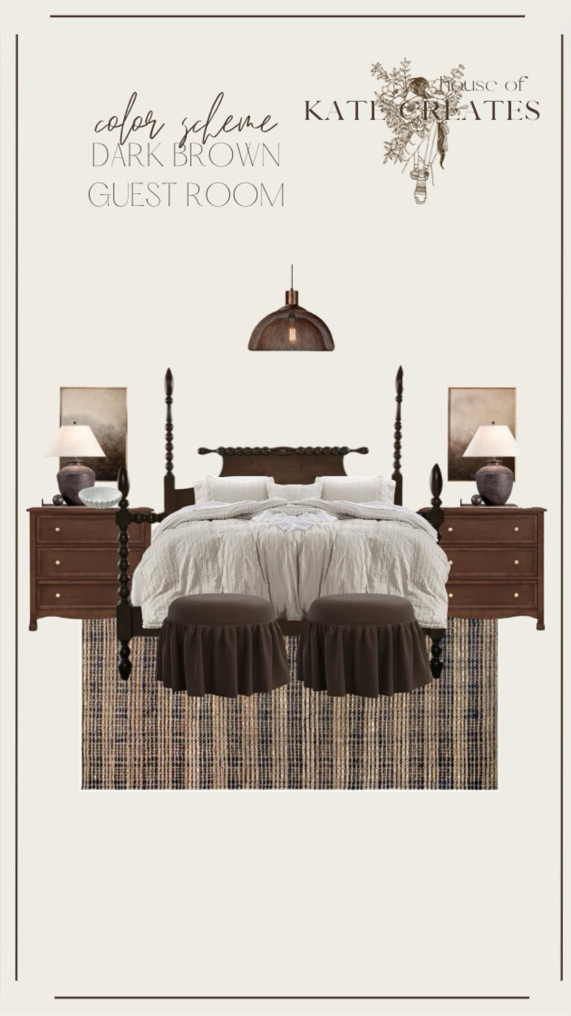 Dark brown bedroom, brown bedroom, brown decor, home decor,  decorating, plaid rug, pendant light, texture 