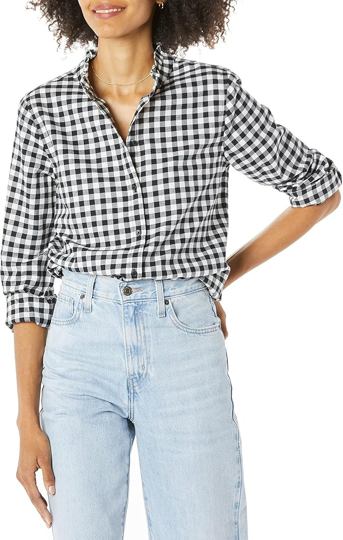 Amazon Essentials Women's Long-Sleeve Ruffle Detail Flannel Shirt | Amazon (US)