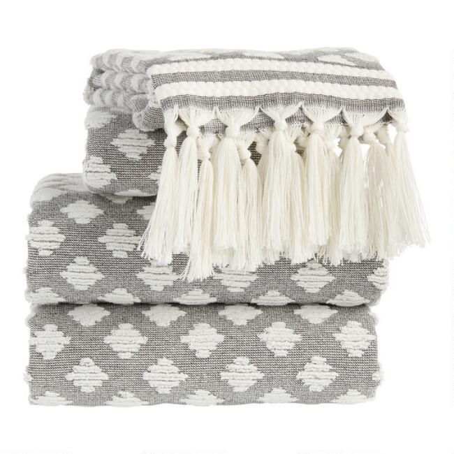 Black and White Sculpted Diamond Tassel Brea Towels | World Market