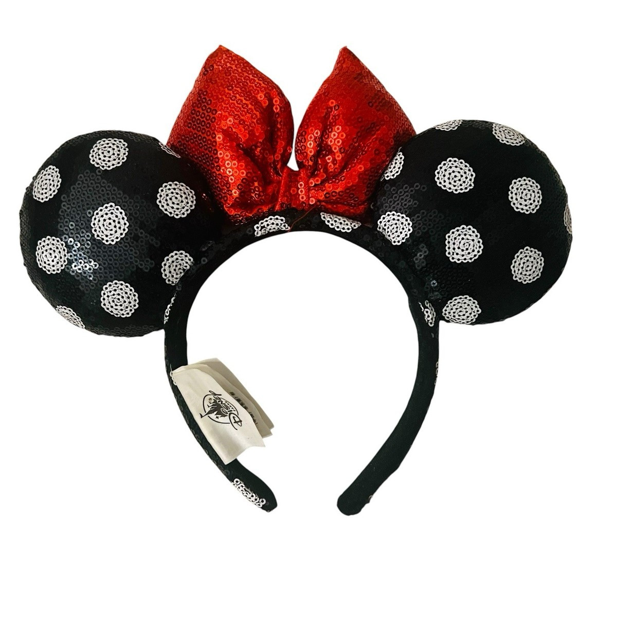 Disney Parks Minnie Mouse Sequined Black White Polka Dot Red Bow Ears Headband | eBay | eBay US