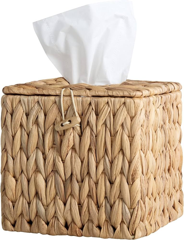 StorageWorks Water Hyacinth Tissue Box Cover, Square Tissue Box Holder with Lid, Handwoven Facial... | Amazon (US)