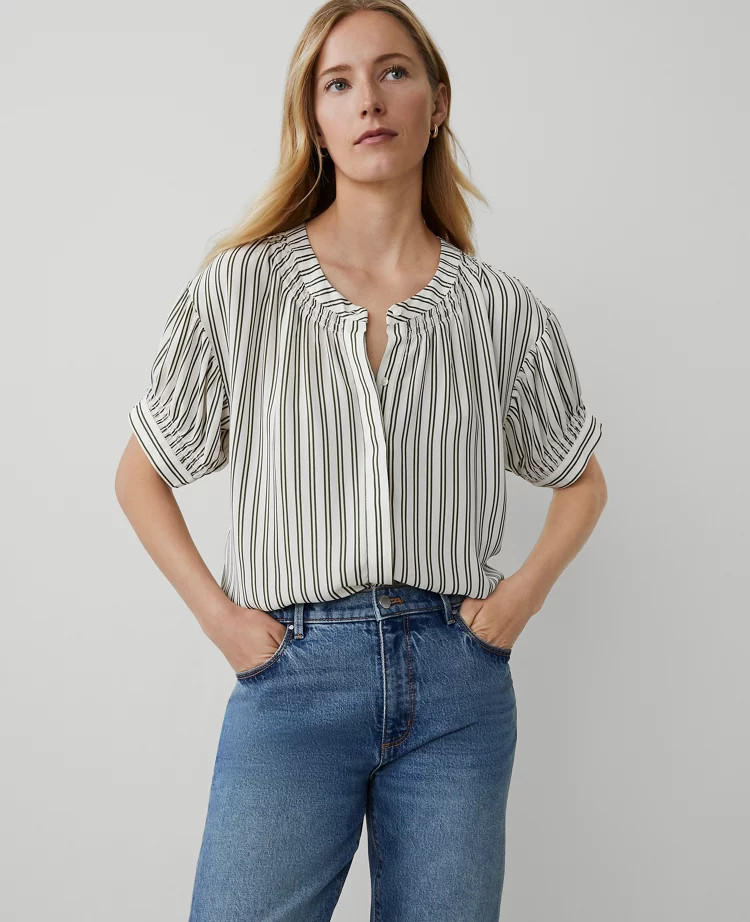 Striped Puff-Sleeve Blouse | Ann Taylor