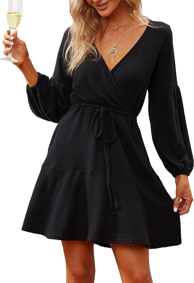 Albe Rita Women Sexy Deep V Neck Balloon Long Sleeve Tie Waist Knit Sweater Mini Dress with Pocke... | Amazon (US)