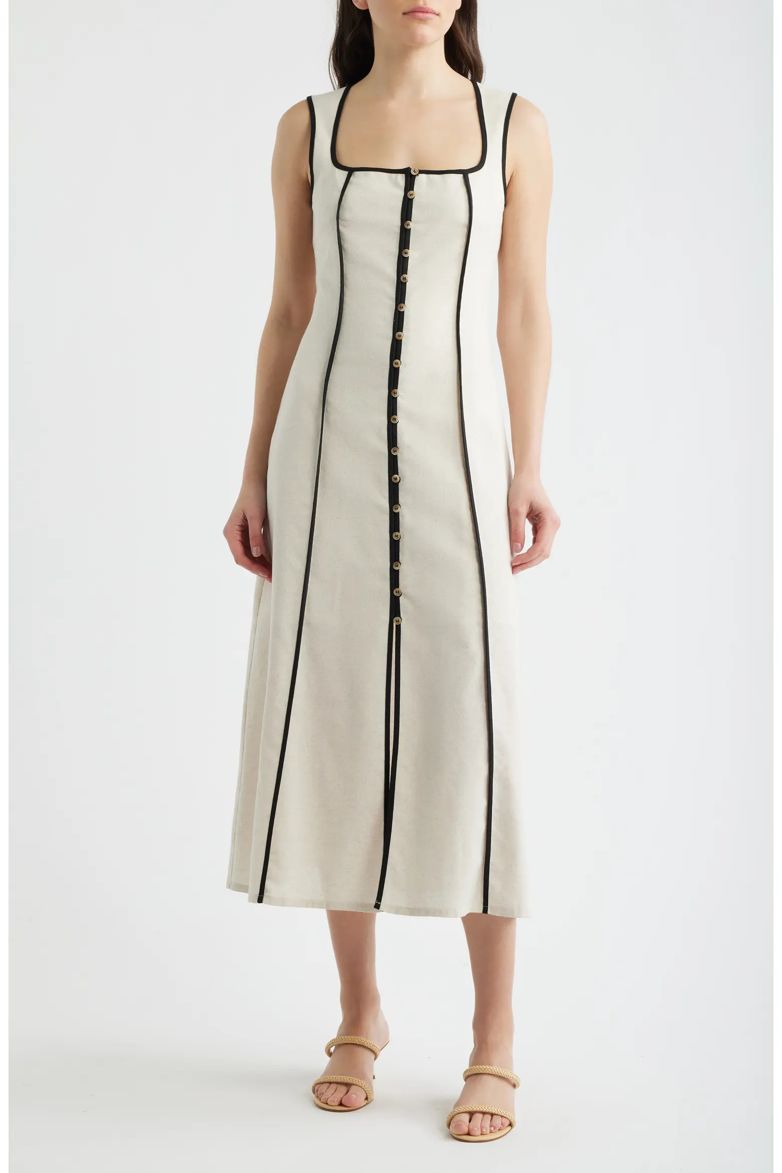 Contrast Piping Square Neck Button-Up Midi Dress (Women) | Nordstrom | Nordstrom